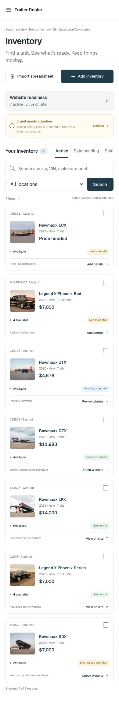 The same HitchStack inventory list at phone width, with each demo unit shown as a card with price, availability and website status.