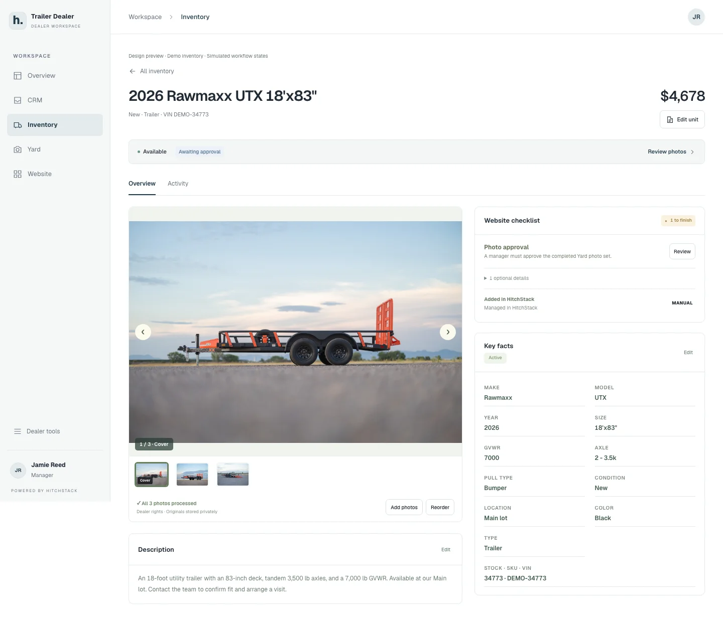 A HitchStack unit record for a demo 2026 Rawmaxx UTX trailer showing the photo carousel, description, key facts, and a website checklist awaiting photo approval.