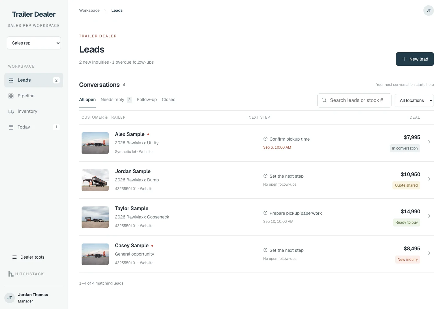 HitchStack CRM leads workspace for a synthetic dealer listing four customer conversations, the trailer each asked about, the next step and the deal stage.