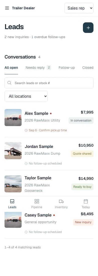 The HitchStack CRM leads list at phone width with synthetic conversations, follow-up reminders and a bottom navigation bar.