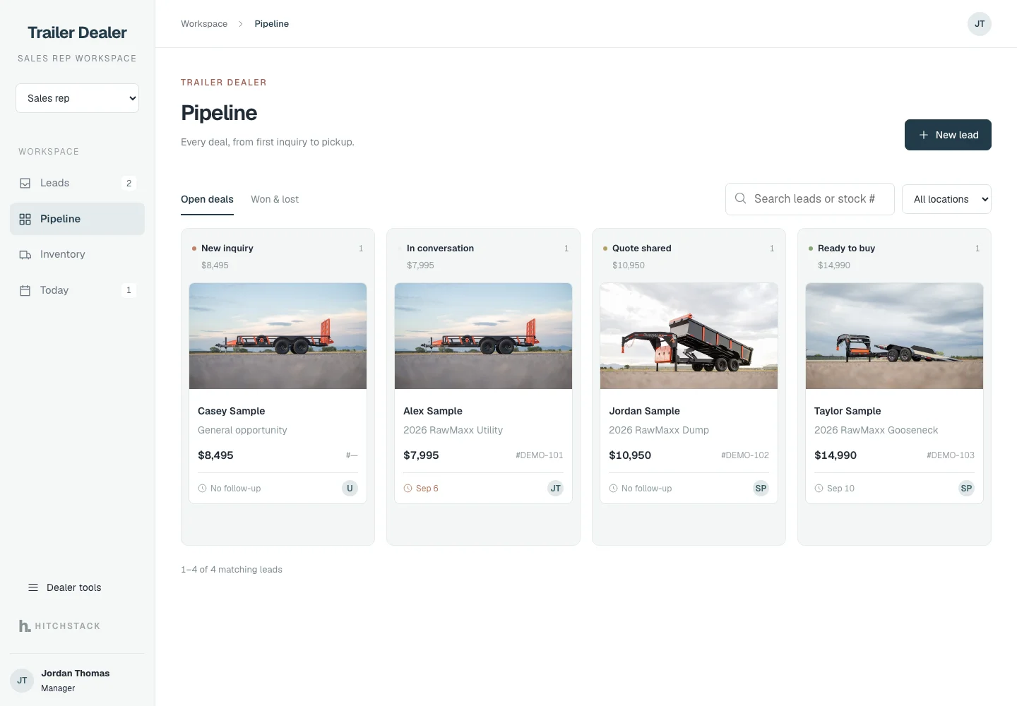 HitchStack CRM pipeline board with four synthetic deals arranged in New inquiry, In conversation, Quote shared and Ready to buy columns.