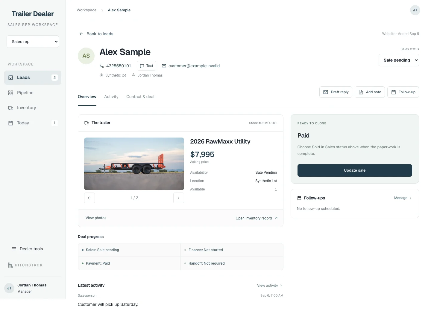 A HitchStack CRM customer record for a synthetic customer showing the trailer they asked about, sales status, deal progress, follow-ups and latest activity.