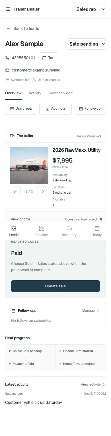 The same synthetic customer record at phone width with contact actions, the trailer card, deal progress and follow-ups stacked vertically.
