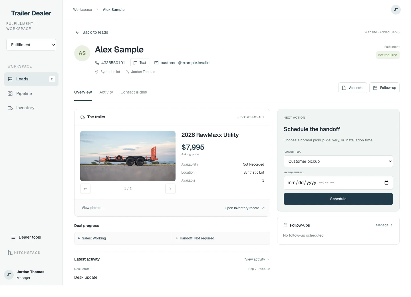 HitchStack fulfillment workspace for a synthetic deal with a handoff scheduler for customer pickup, delivery or installation.