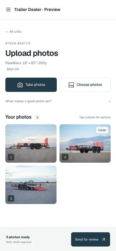 HitchStack Yard on a phone: the upload-photos screen for demo stock number 34773 with Take photos and Choose photos buttons, three manufacturer trailer photos and a Send for review action.