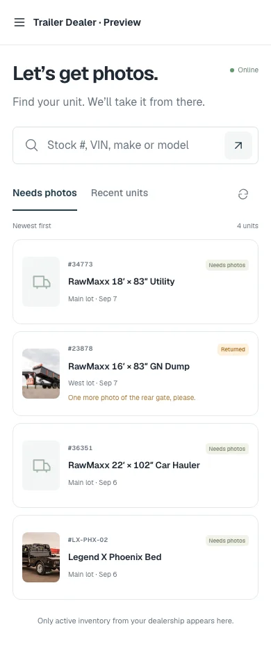 HitchStack Yard on a phone showing a stock search box and a list of demo units that need photos, including one returned with a reviewer note.
