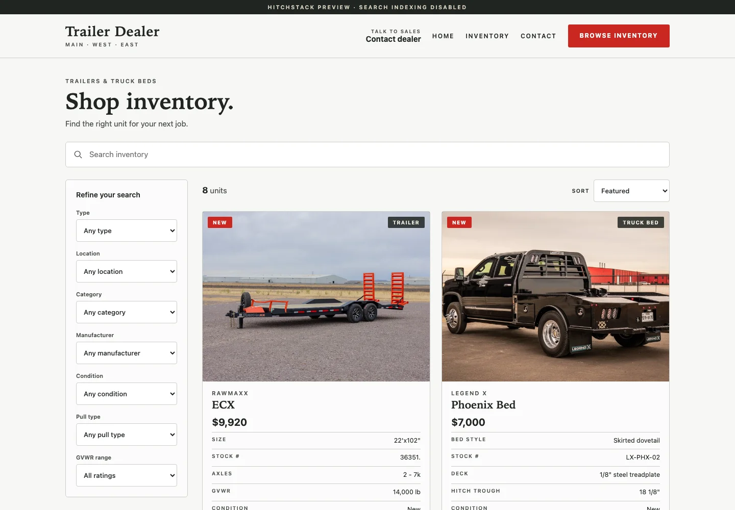 A dealer storefront inventory page built on the HitchStack Foundry foundation, with search, filters for type, location and manufacturer, and trailer listing cards using generic Trailer Dealer demo content.