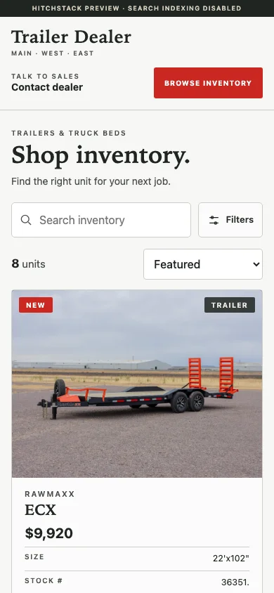 The storefront inventory page at phone width with search, a filters button and a trailer listing card, using illustrative demo content.