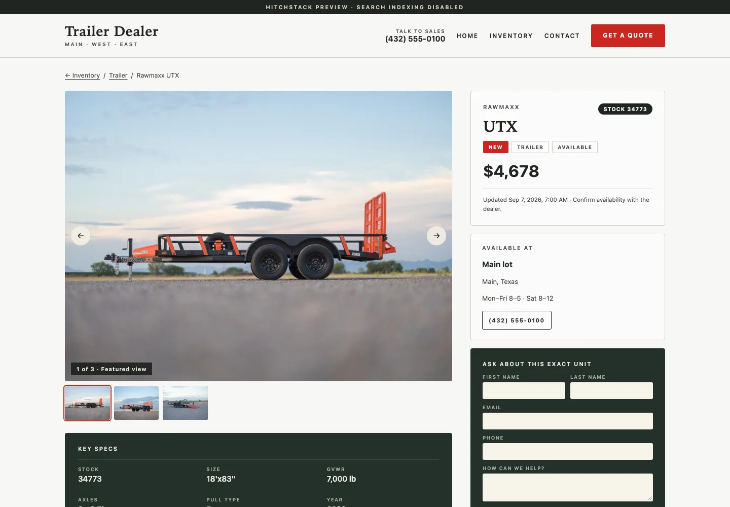 A public unit page on the storefront showing a photo gallery, key specs, price, location details and an inquiry form for this exact unit, using illustrative demo content.
