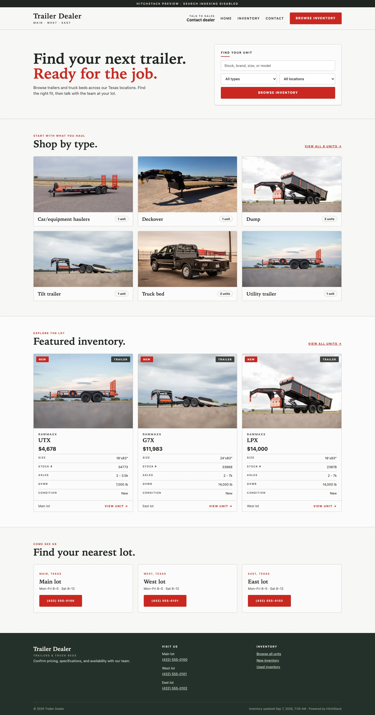 A full-length dealer website homepage on the Foundry foundation with a find-your-unit search panel, shop-by-type tiles, featured inventory and location cards, using illustrative demo content.